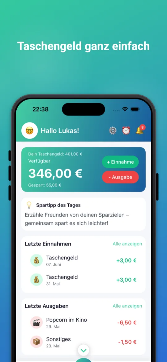 Sparly App: Taschengeld-Übersicht mit verfügbarem Guthaben, Einnahmen und Ausgaben