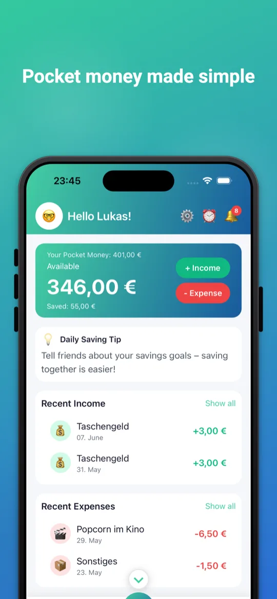 Sparly app: pocket money overview with available balance, income and expenses